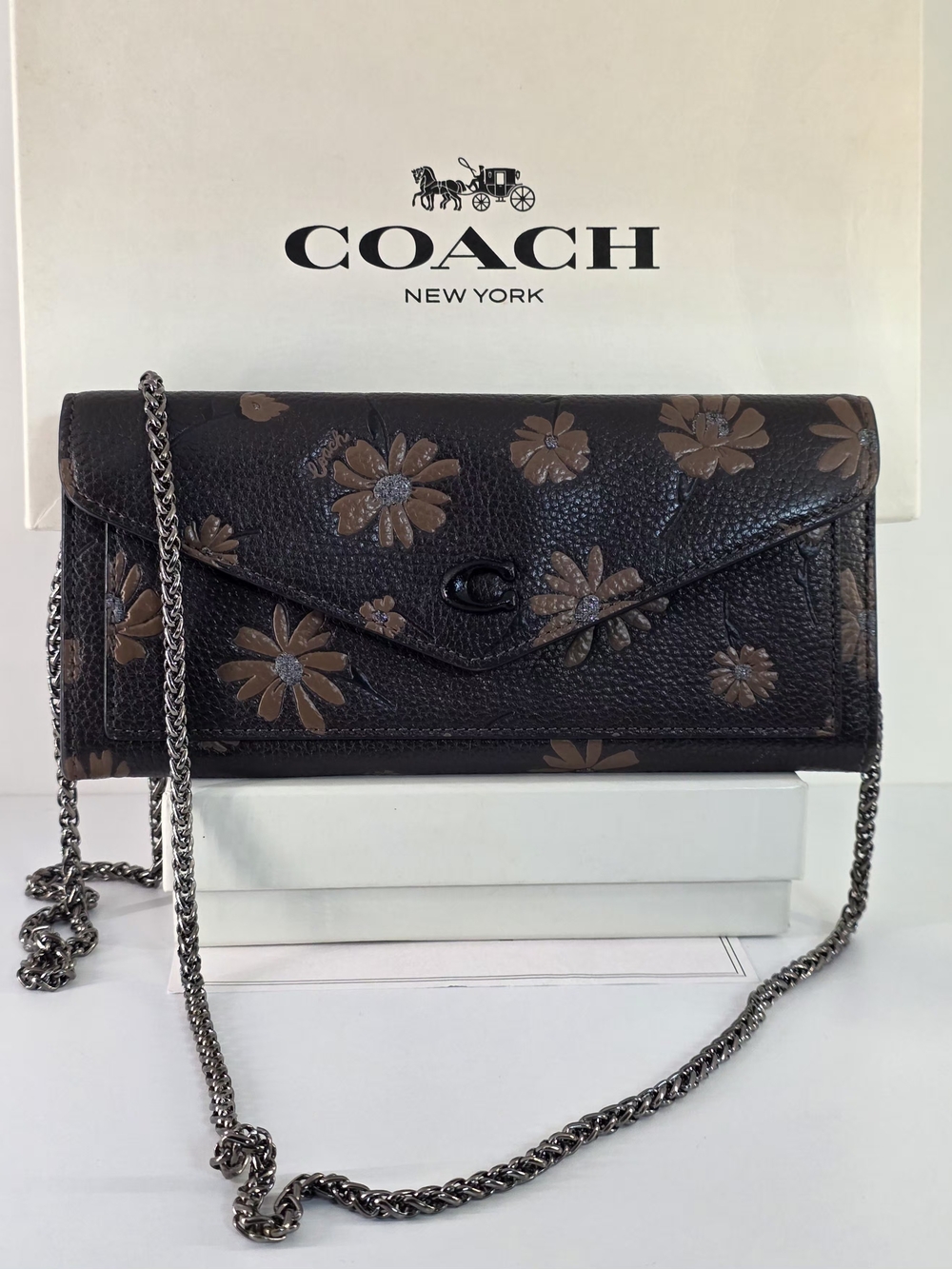 COACH Wyn Floral Envelope Crossbody Wallet - Black with Brown Flowers